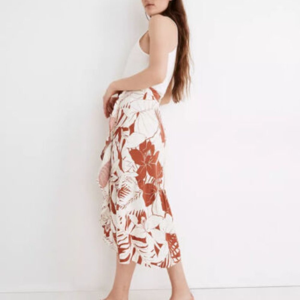 Linen-Blend Ruffle-Wrap Midi Skirt in Tropical Vacation